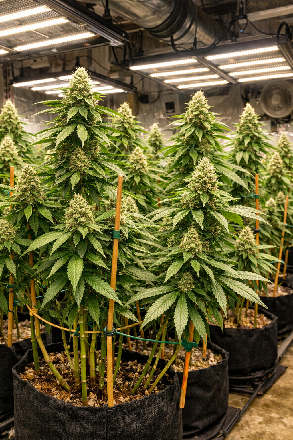 Indoor cannabis grow room with tall sativa-dominant hybrid plants